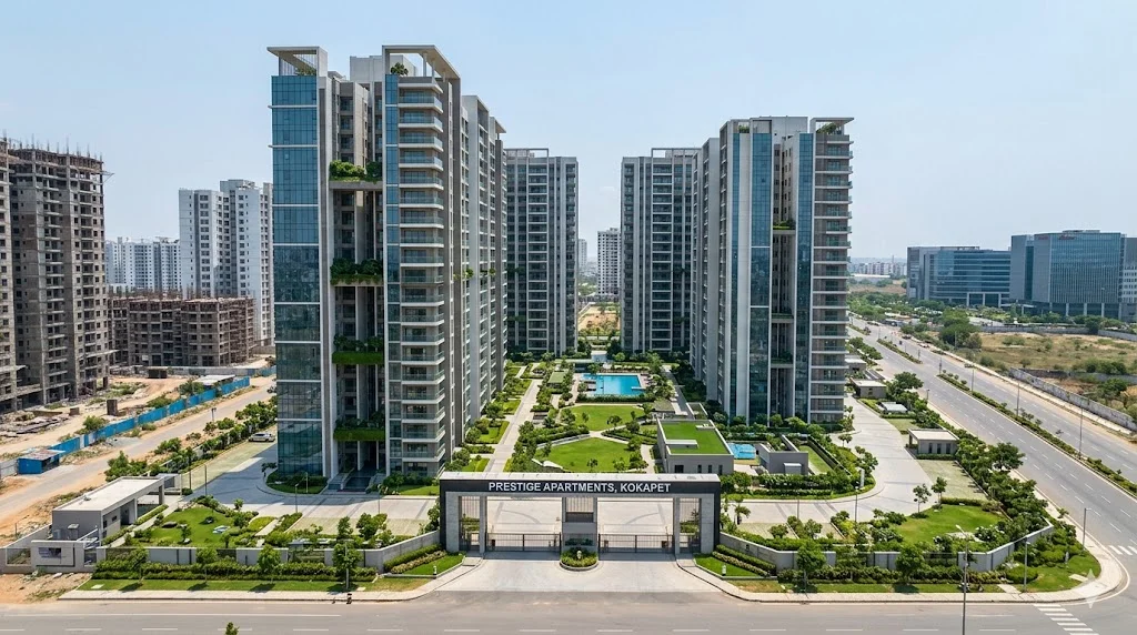 Exterior view of premium luxury apartments by Prestige Group located in the highly sought-after residential corridor of Kokapet, Hyderabad.